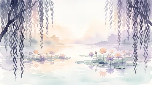 Pastel Watercolor Lotus Lagoon and Willows