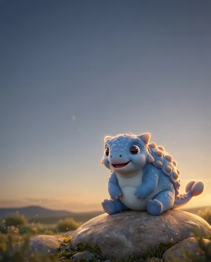 Cute Blue Cartoon Ankylosaurus on Rock
