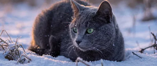 Russian Blue Cat Resting in Snow