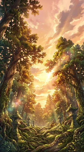 Anime Sunset Forest With Stone Lanterns