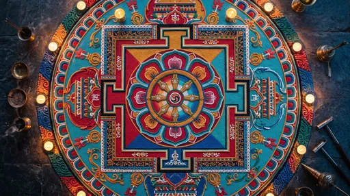Colorful Tibetan Sand Mandala With Candles