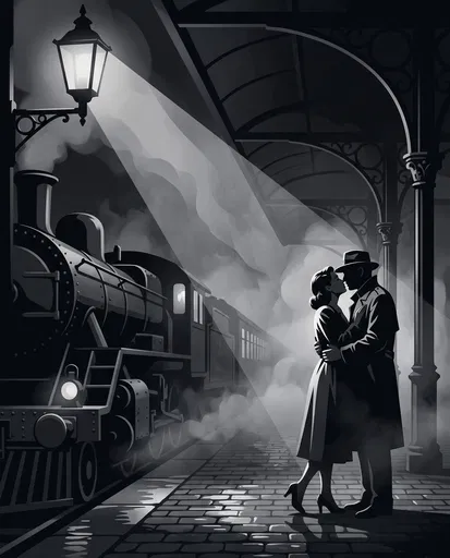 Noir Couple Kissing on Vintage Train Platform