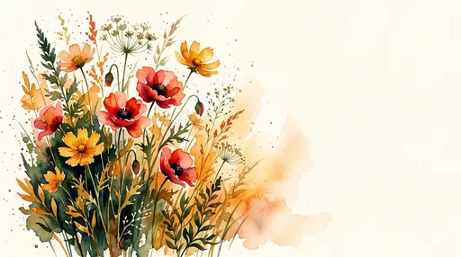 Watercolor Red Poppies and Golden Cosmos