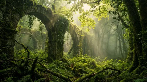 Mossy Stone Arches in Misty Forest