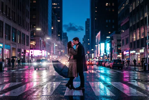Couple Kissing on Rainy City Crosswalk