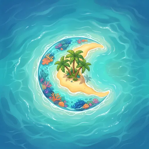 Cartoon Crescent Tropical Island in Turquoise Ocean