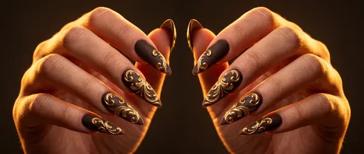 Matte Espresso Stiletto Nails With Gold Scrollwork