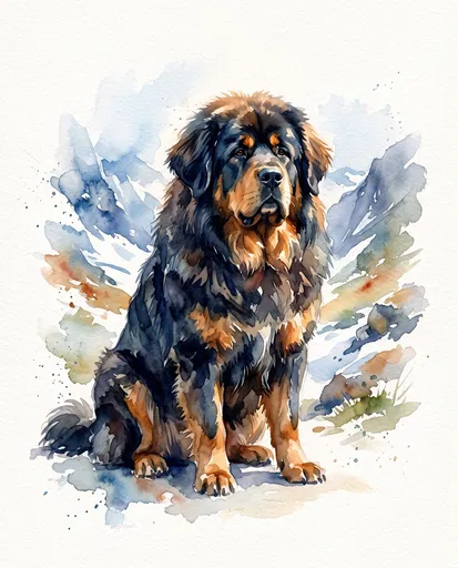 Watercolor Illustration of Sitting Tibetan Mastiff