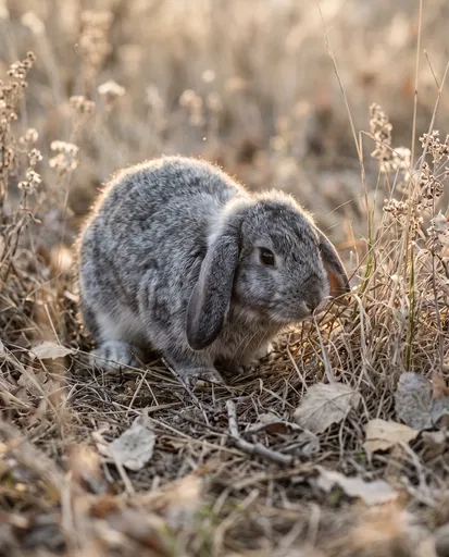 Grey Mini Lop Rabbit in Dry Grass