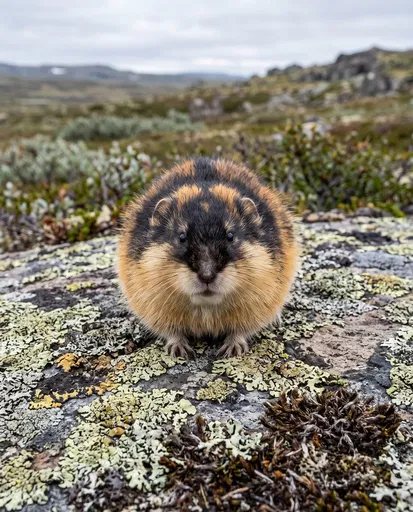 Norway Lemming on Lichen Tundra Rock