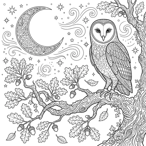 Barn Owl Under Crescent Moon Coloring Page