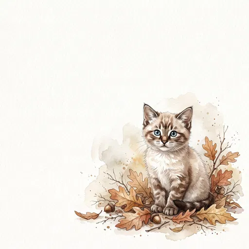 Watercolor Lynx Point Kitten in Autumn Leaves