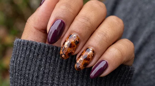 Plum and Tortoiseshell Almond Nail Art