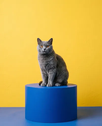Gray Chartreux Cat on Blue Pedestal
