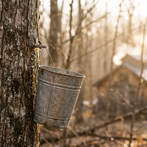 Galvanized Sap Bucket on Maple Tree