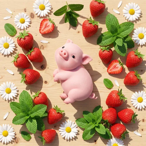 Cute Pink Piglet With Strawberries Flat Lay