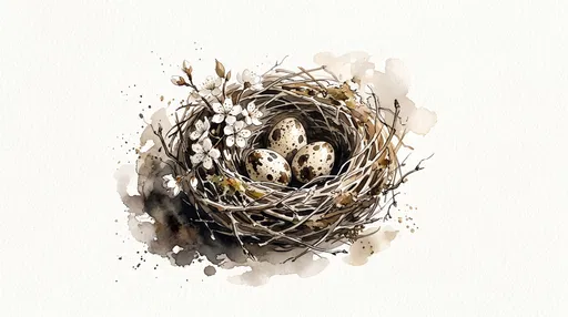 Watercolor Bird Nest With Speckled Quail Eggs