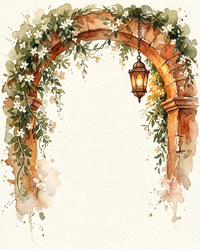Watercolor Terracotta Archway With Jasmine and Lantern