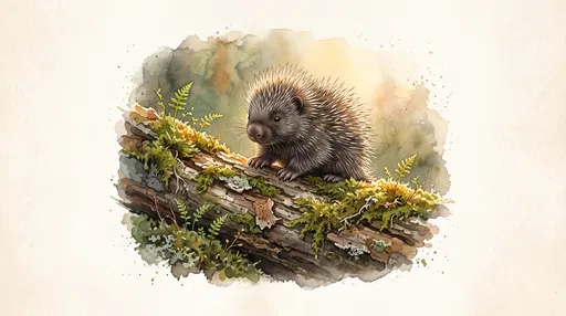 Watercolor Baby Porcupine on Mossy Log