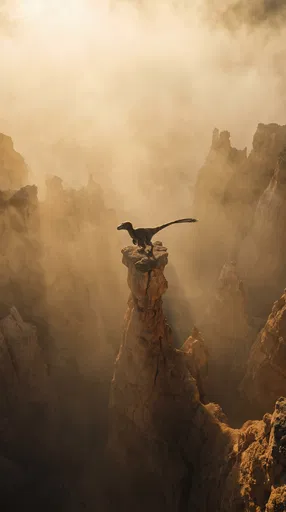 Velociraptor Standing on Misty Canyon Spire