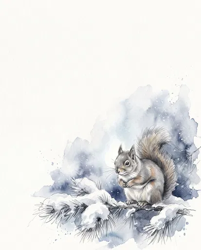 Watercolor Winter Squirrel on Snowy Pine Branch