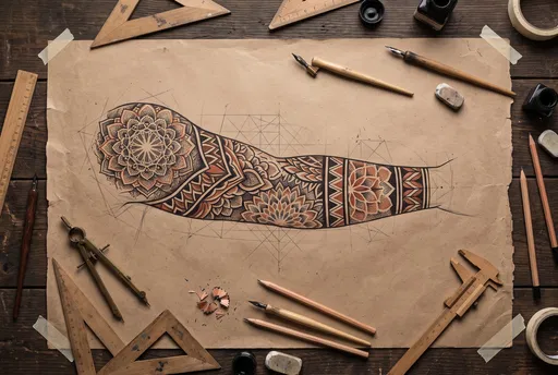Geometric Mandala Sleeve Tattoo Design Flat Lay