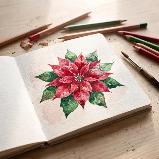 Watercolor Poinsettia Painting in Open Sketchbook