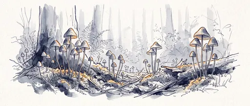 Watercolor and Ink Forest Mushroom Panorama