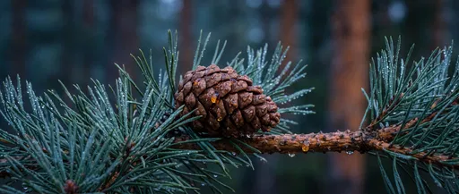 Pinecone and Dewdrops on Pine Branch