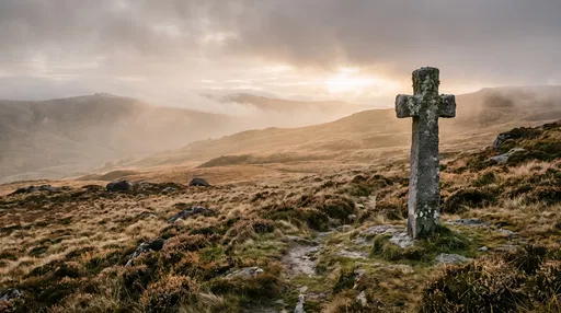 Ancient Stone Cross in Misty Highland Moor