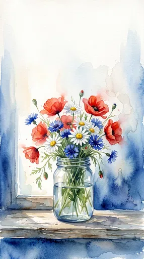 Watercolor Mason Jar with Patriotic Wildflowers