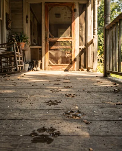 Wet Paw Prints on Wooden Porch