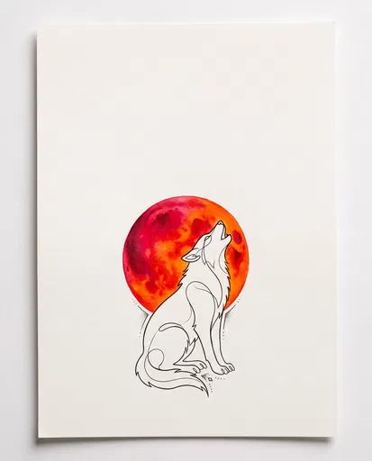 Minimal Line Art Wolf and Blood Moon