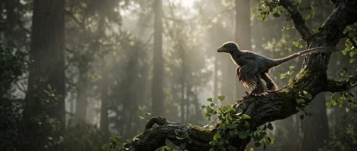 Feathered Microraptor Perched on Ginkgo Branch