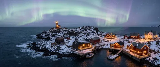 Winter Lighthouse and Cabins Under Aurora