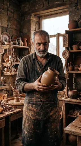 Potter Holding Clay Vessel in Rustic Workshop