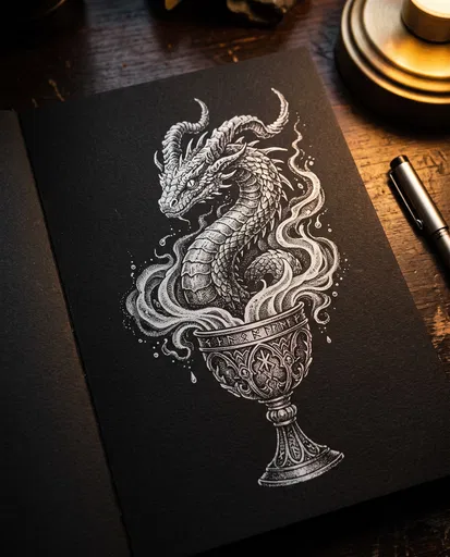 Horned Serpent Chalice Drawing on Black Paper