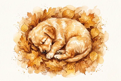 Watercolor Sleeping Puppy in Autumn Leaves