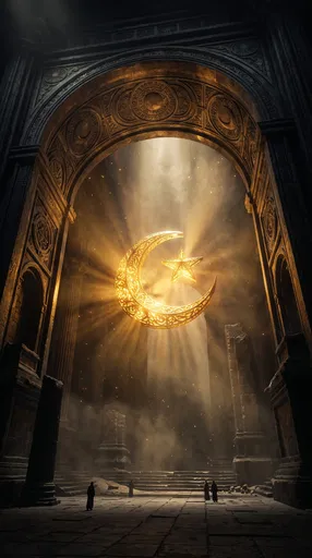 Glowing Crescent Moon Under Monumental Arch