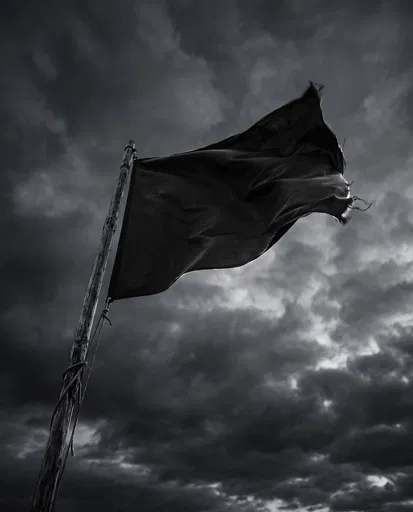 Black Flag Against Stormy Monochrome Sky