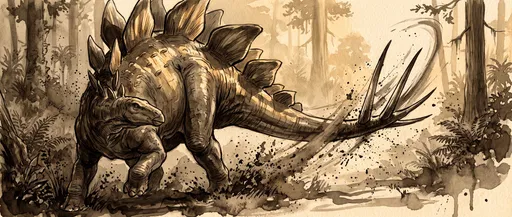 Sepia Ink Illustration of Stegosaurus Swinging Tail