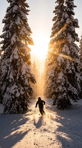Silhouetted Skier Between Snowy Trees at Sunset