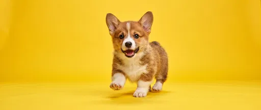 Happy Corgi Puppy on Yellow Backdrop