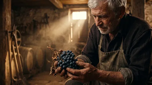 Elderly Winemaker Inspecting Dark Grapes in Cellar