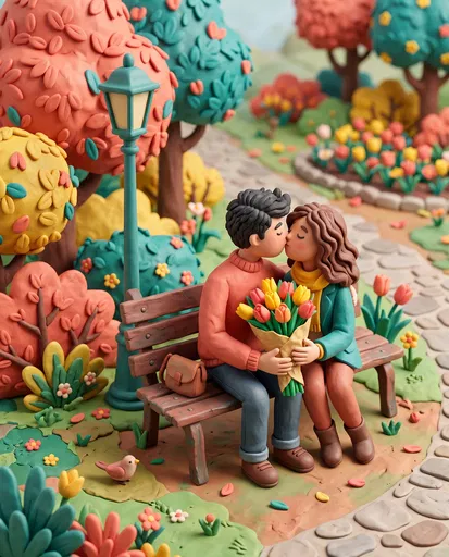 Clay Illustration of Couple Kissing in Park