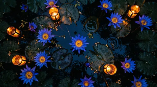 Blue Water Lilies and Floating Lanterns
