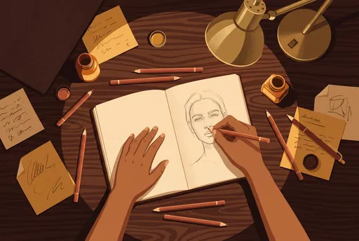 Top-Down Illustration of Hands Sketching Portrait