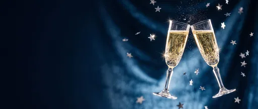Clinking Champagne Flutes on Blue Backdrop