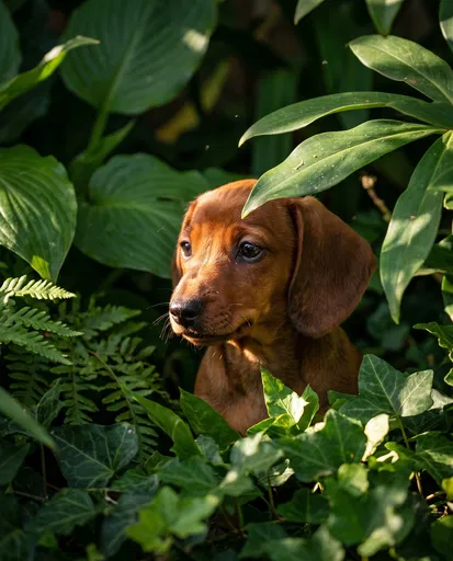 Red Dachshund Puppy in Green Foliage