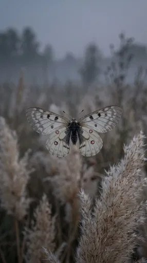 Apollo Butterfly Hovering Over Misty Grass